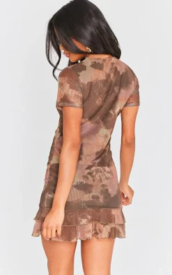 Brown Floral Print Tiered Short Sleeve Shift Dress