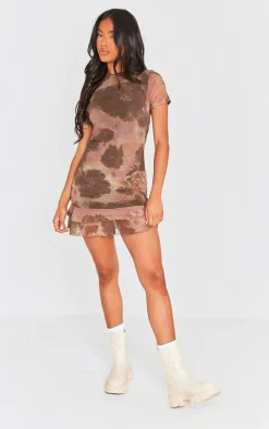Brown Floral Print Tiered Short Sleeve Shift Dress