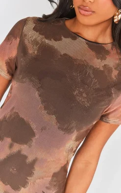 Brown Floral Print Tiered Short Sleeve Shift Dress