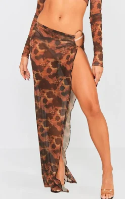 Brown Floral Printed Mesh Ring Detail Maxi Skirt