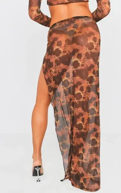 Brown Floral Printed Mesh Ring Detail Maxi Skirt