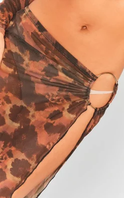 Brown Floral Printed Mesh Ring Detail Maxi Skirt