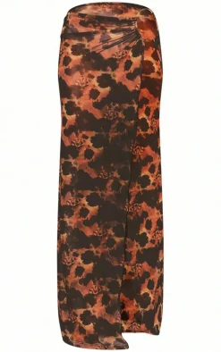 Brown Floral Printed Mesh Ring Detail Maxi Skirt