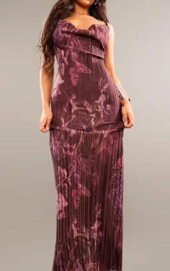 Brown Floral Printed Plisse Strappy Maxi Dress
