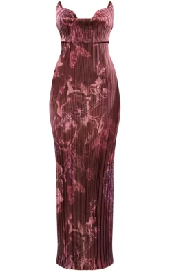 Brown Floral Printed Plisse Strappy Maxi Dress