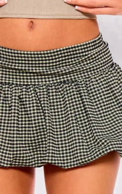 Brown Gingham Print Crepe Puffball Mini Skirt