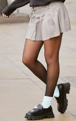 Brown Gingham Print Pleated Tie Detail Mini Skirt