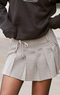 Brown Gingham Print Pleated Tie Detail Mini Skirt
