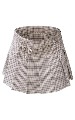 Brown Gingham Print Pleated Tie Detail Mini Skirt