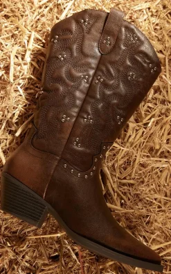 Brown Grain PU Point Toe Stud Detail Knee Calf High Western Boots