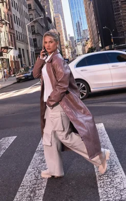 Brown Grained Faux Leather Pocket Front Maxi Coat