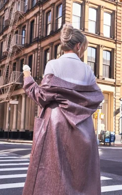 Brown Grained Faux Leather Pocket Front Maxi Coat