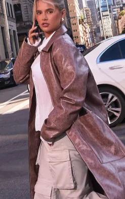 Brown Grained Faux Leather Pocket Front Maxi Coat