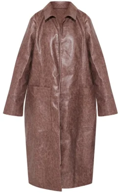 Brown Grained Faux Leather Pocket Front Maxi Coat