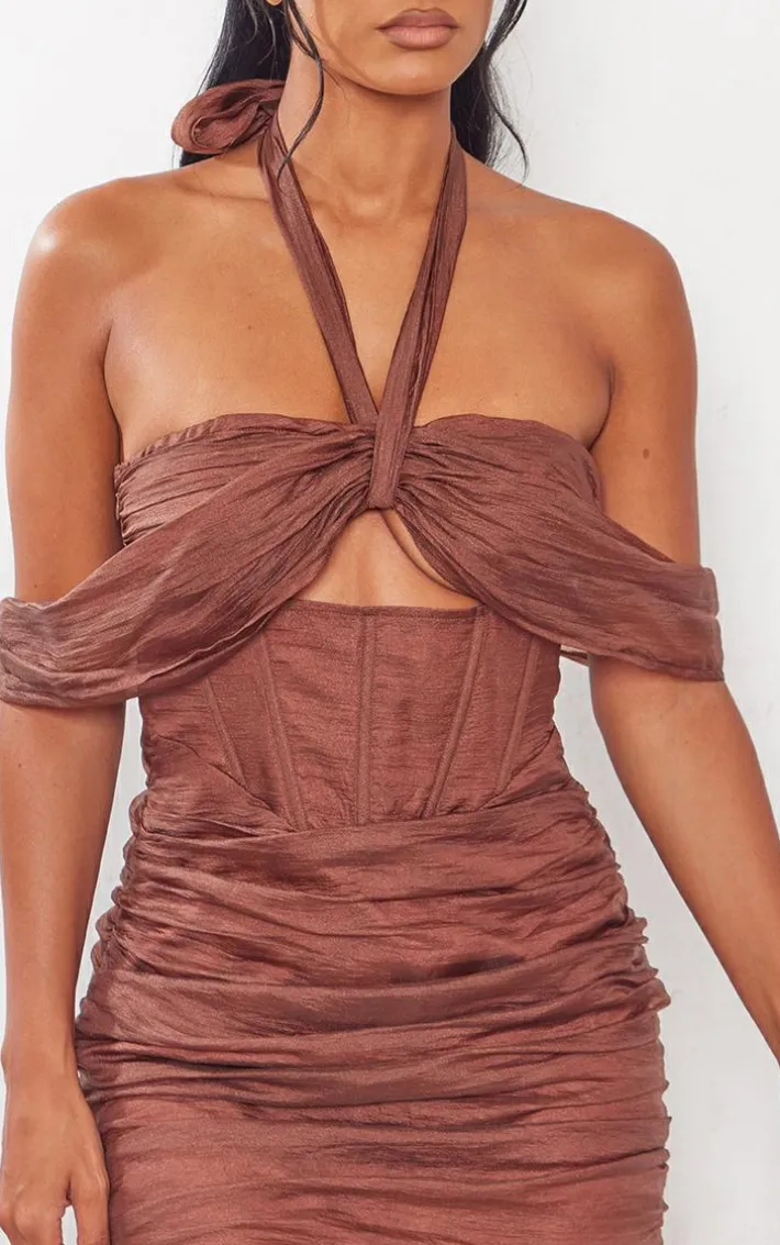 Brown Halterneck Cut Out Corset Bodycon Dress