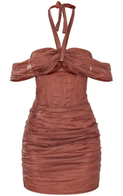 Brown Halterneck Cut Out Corset Bodycon Dress