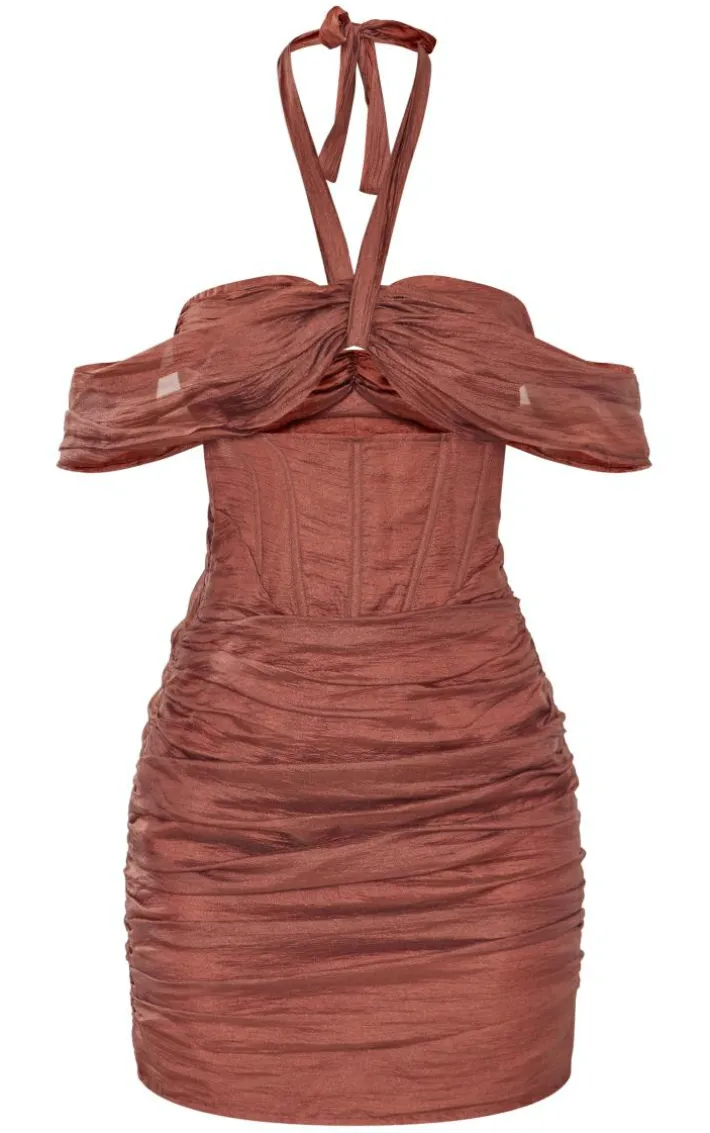 Brown Halterneck Cut Out Corset Bodycon Dress