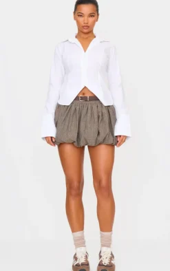 Brown Herringbone Print Belted Tailored Puffball Mini Skirt