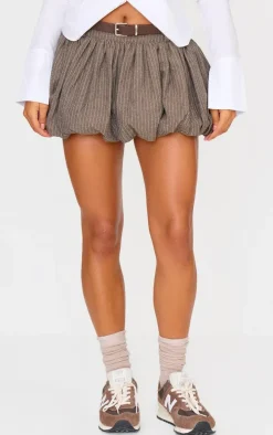Brown Herringbone Print Belted Tailored Puffball Mini Skirt