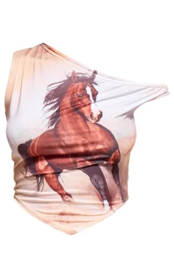 Brown Horse Printed Asymmetrical Crop Top