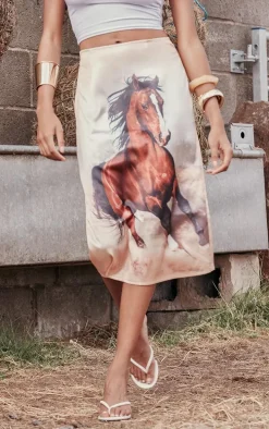 Brown Horse Printed Satin Midi Skirt