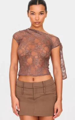 Brown Lace Detail Tie Shoulder Asymmetric Long Top