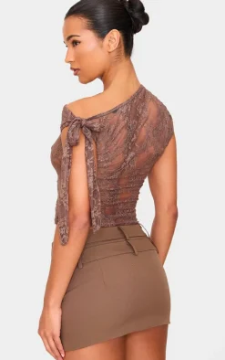 Brown Lace Detail Tie Shoulder Asymmetric Long Top