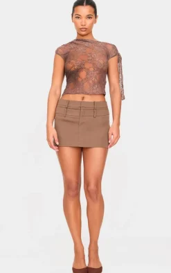 Brown Lace Detail Tie Shoulder Asymmetric Long Top