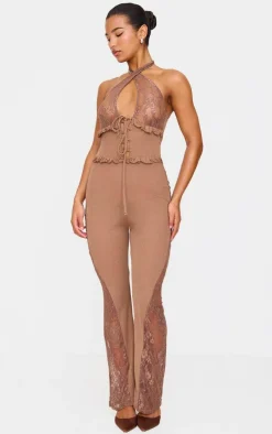 Brown Lace Trim Mesh Halter Neck Sheer Jumpsuit
