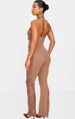 Brown Lace Trim Mesh Halter Neck Sheer Jumpsuit