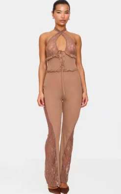 Brown Lace Trim Mesh Halter Neck Sheer Jumpsuit