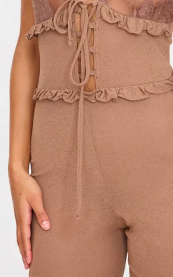 Brown Lace Trim Mesh Halter Neck Sheer Jumpsuit