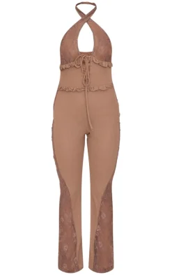 Brown Lace Trim Mesh Halter Neck Sheer Jumpsuit