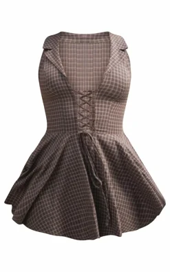 Brown Lace Up Check Shift Dress