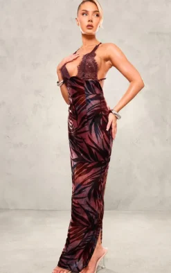 Brown Leaf Print Lace Cup Maxi Dress