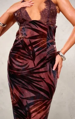 Brown Leaf Print Lace Cup Maxi Dress