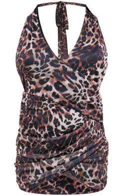Brown Leopard Cut Out Halter Neck Wrap Bodycon Dress