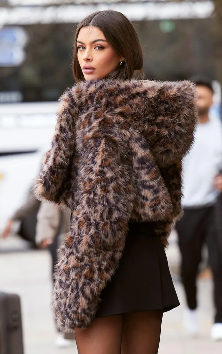Brown Leopard Faux Fur Hooded Cropped Coat