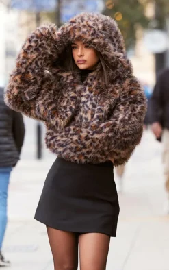 Brown Leopard Faux Fur Hooded Cropped Coat