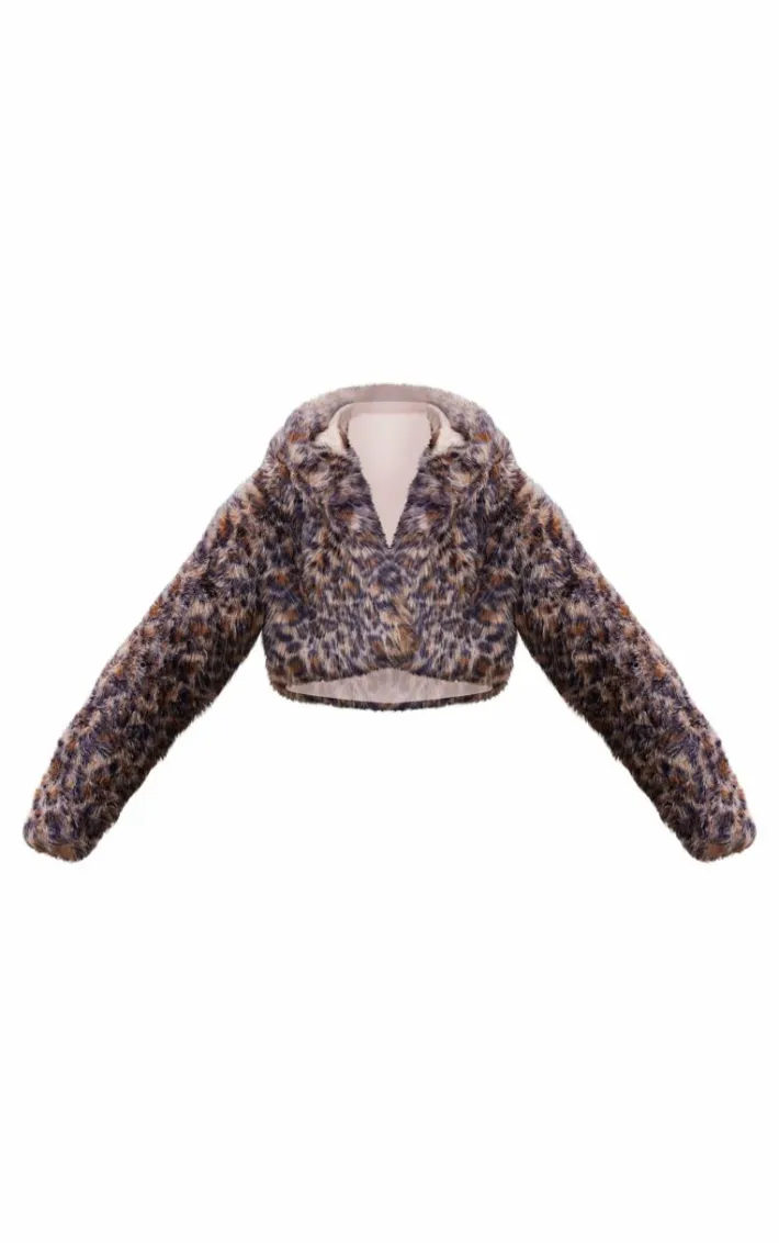 Brown Leopard Faux Fur Hooded Cropped Coat