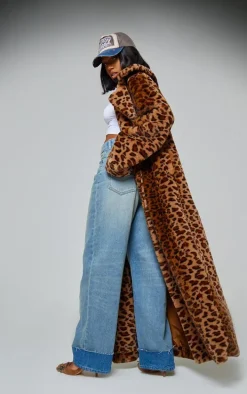 Brown Leopard Faux Fur Maxi Coat