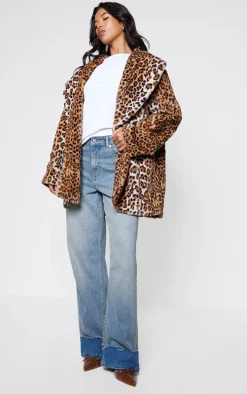 Brown Leopard Faux Fur Midi Coat