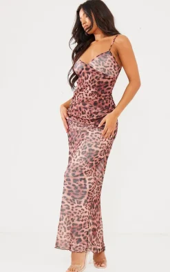 Brown Leopard Mesh Raw Hem Tiered Maxi Dress