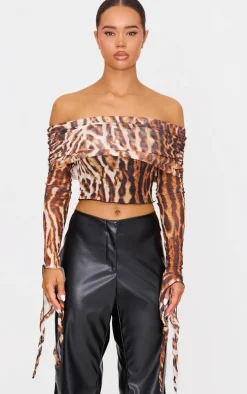 Brown Leopard Mesh Ultra Long Drape Sleeve Crop Top