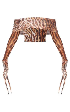 Brown Leopard Mesh Ultra Long Drape Sleeve Crop Top