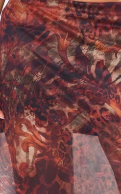 Brown Leopard Print Asymmetric Hem Mesh Midi Skirt