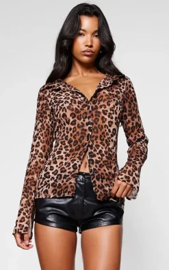 Brown Leopard Print Chiffon Fitted Long Sleeve Shirt