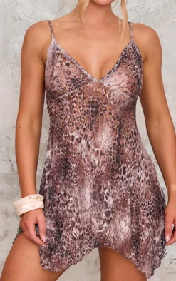 Brown Leopard Print Crinkle Mesh Halterneck Ruched Mini Dress