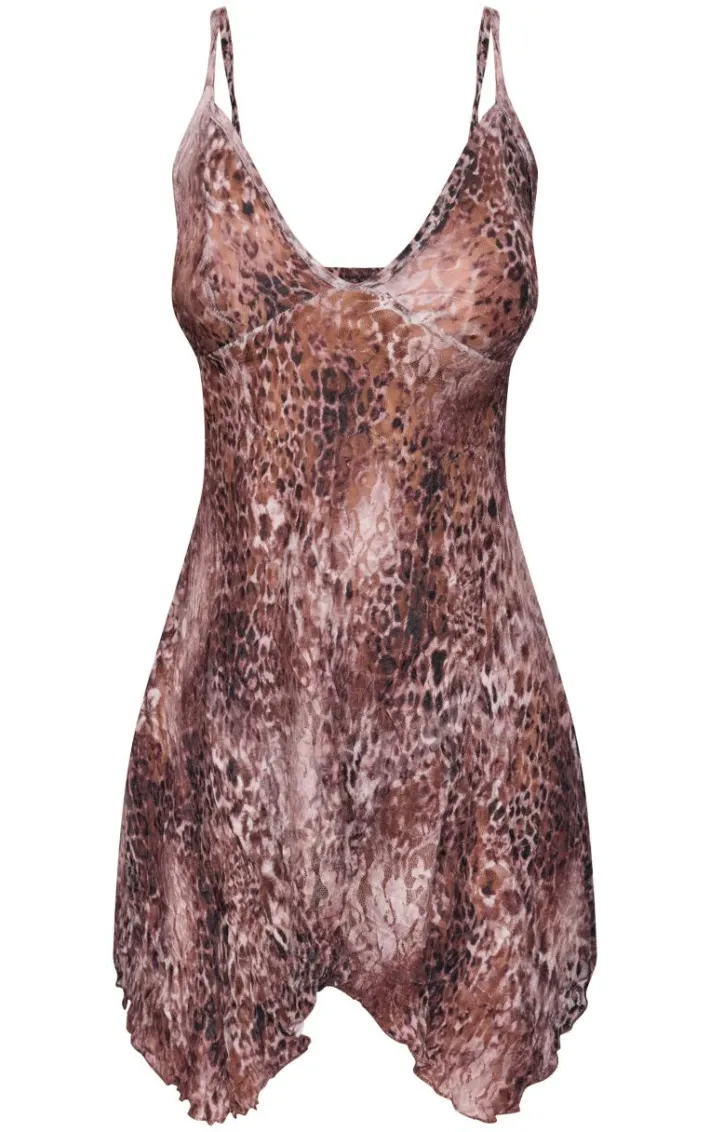 Brown Leopard Print Crinkle Mesh Halterneck Ruched Mini Dress
