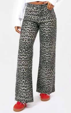 Brown Leopard Print Denim Wide Leg Denim Jean